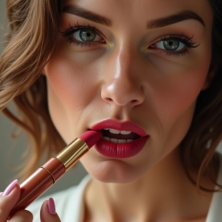 Mulher aplicando produto fixador labial, batom intacto.