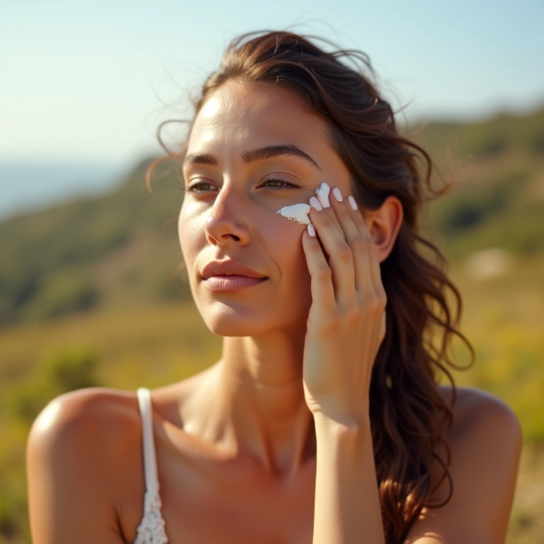 Mulher aplicando protetor solar no rosto em um dia ensolarado no Brasil.