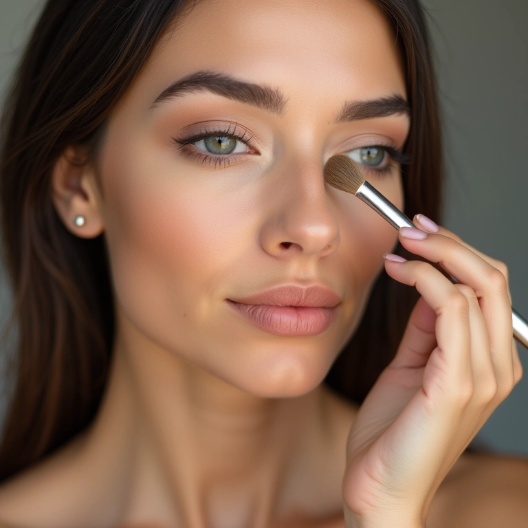 Mulher aplicando sombra base neutra nos olhos.