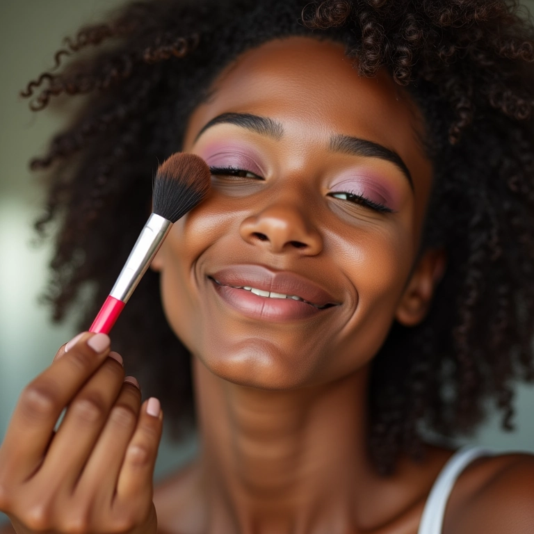 Mulher aplicando sombra colorida nos olhos com pincéis.