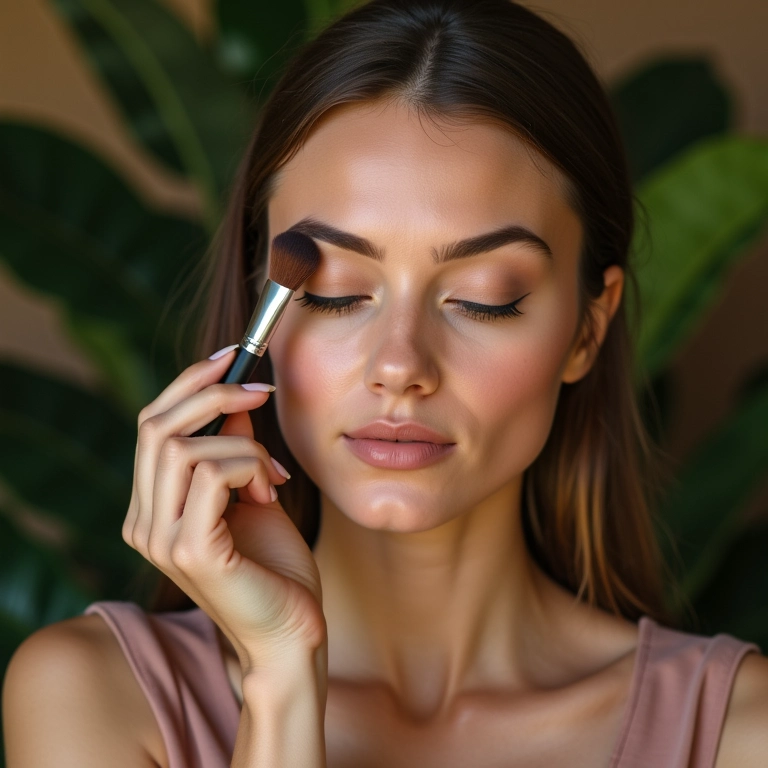 Mulher aplicando sombra com pincel de esfumar clássico.