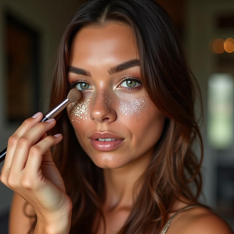 Mulher aplicando sombra glitter nos olhos com pincel.