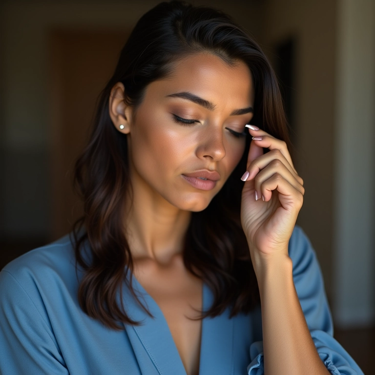 Mulher aplicando sombra neutra para look com vestido azul.