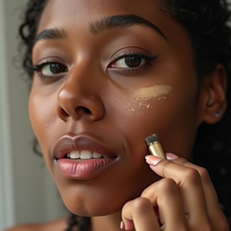 Mulher aplicando stick iluminador, mostrando praticidade e versatilidade.