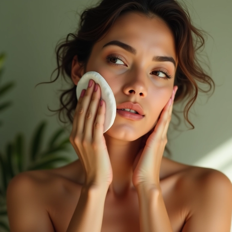 Mulher aplicando tônico facial com algodão para equilibrar o pH da pele.