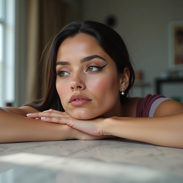 Mulher apoiando o cotovelo para maior firmeza ao delinear.