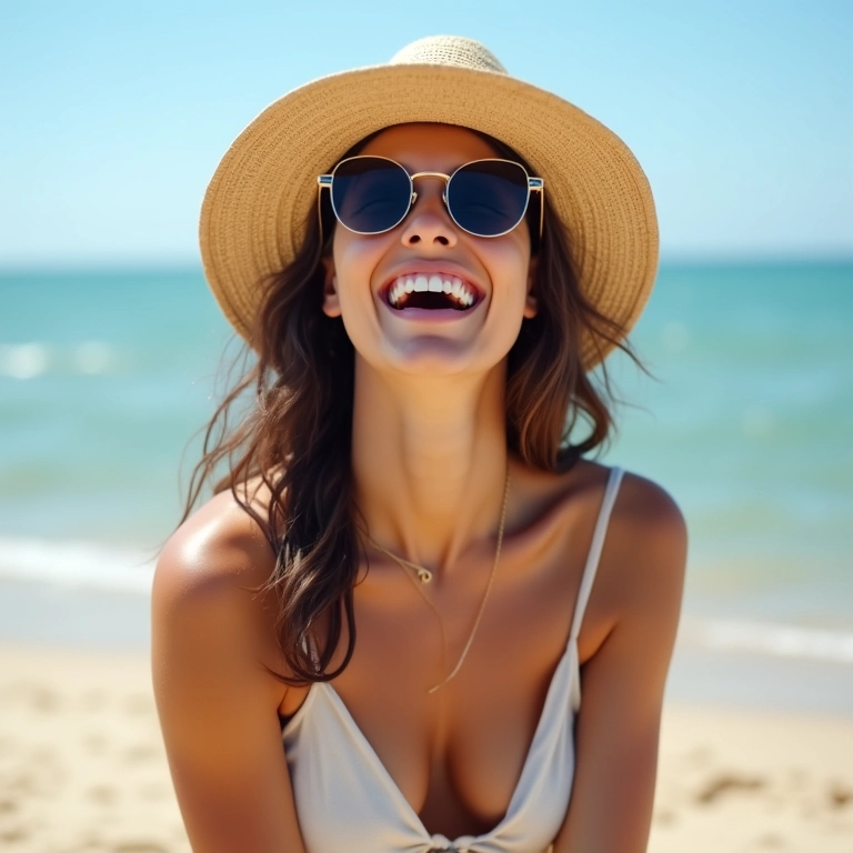 Mulher aproveitando o verão com roupas leves e chapéu de palha.