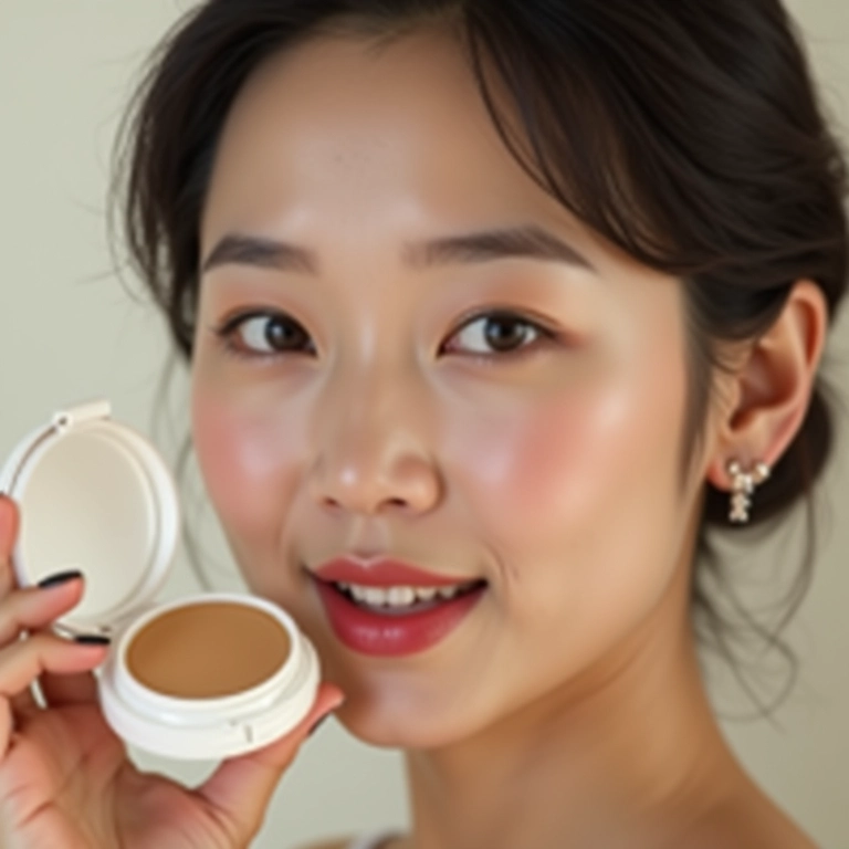 Mulher asiática aplicando base cushion.