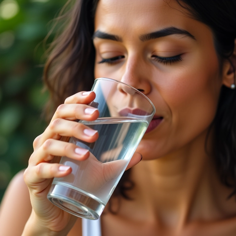 Mulher bebendo água, demonstrando a importância da hidratação para manter a elasticidade da pele.