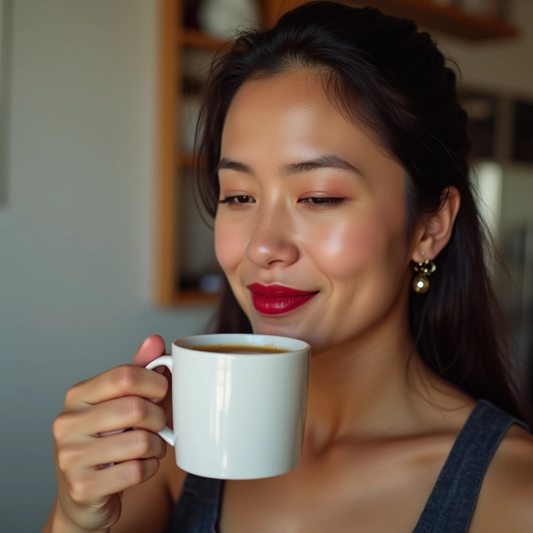 Mulher bebendo café com batom de longa duração sem transferência.