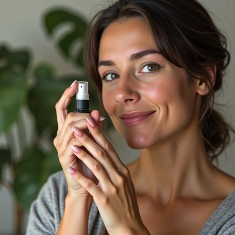Mulher borrifando fixador caseiro de água filtrada e glicerina no rosto.