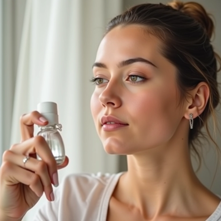 Mulher borrifando soro fisiológico no rosto como fixador de maquiagem.