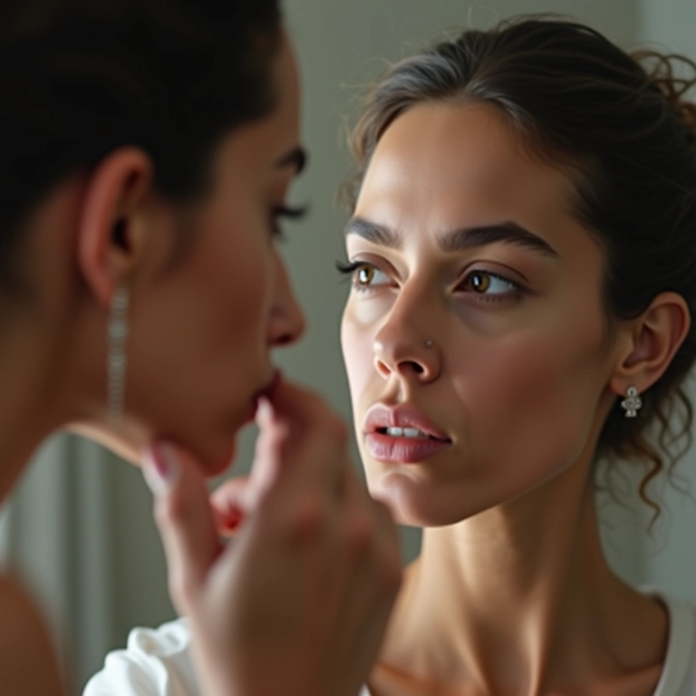 Mulher brasileira analisando o formato do rosto em frente ao espelho.