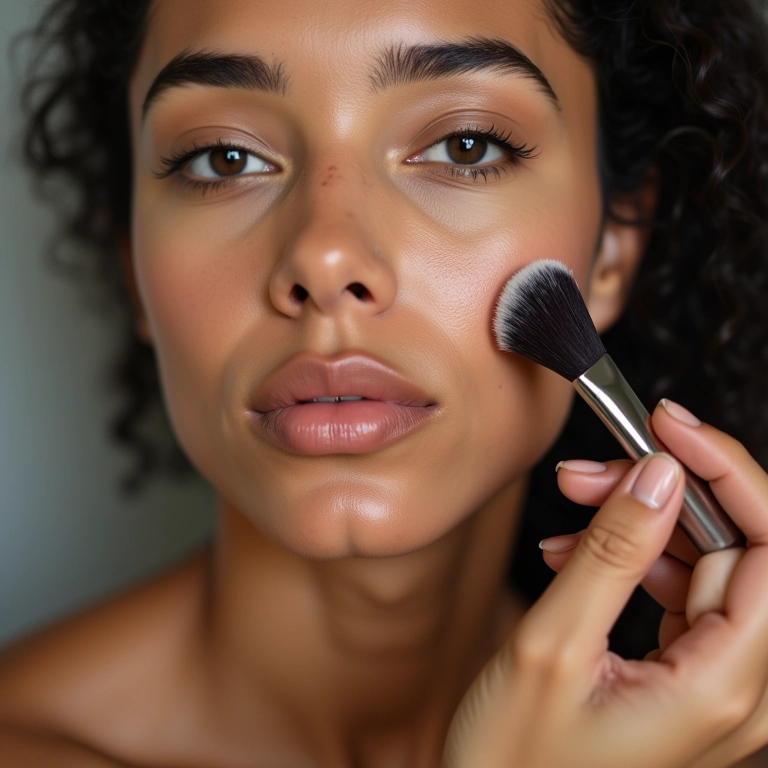 Mulher brasileira aplicando base com um pincel, uniformizando o tom da pele.