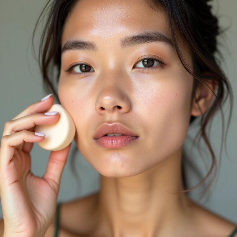 Mulher brasileira aplicando base leve com esponja.