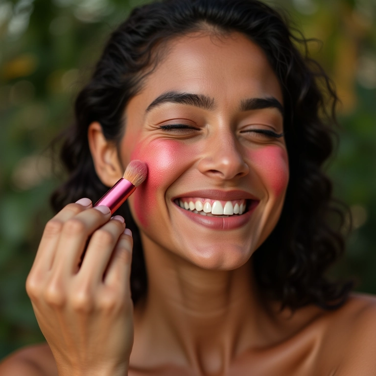 Mulher brasileira aplicando blush nas bochechas, sorrindo.