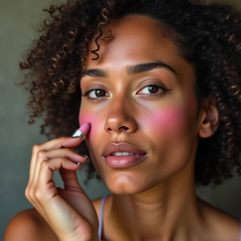 Mulher brasileira aplicando blush para um ar de saúde.