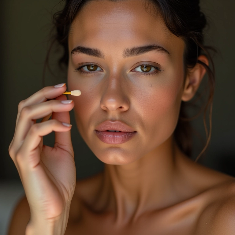 Mulher brasileira aplicando corretivo equilibrado para pele mista.