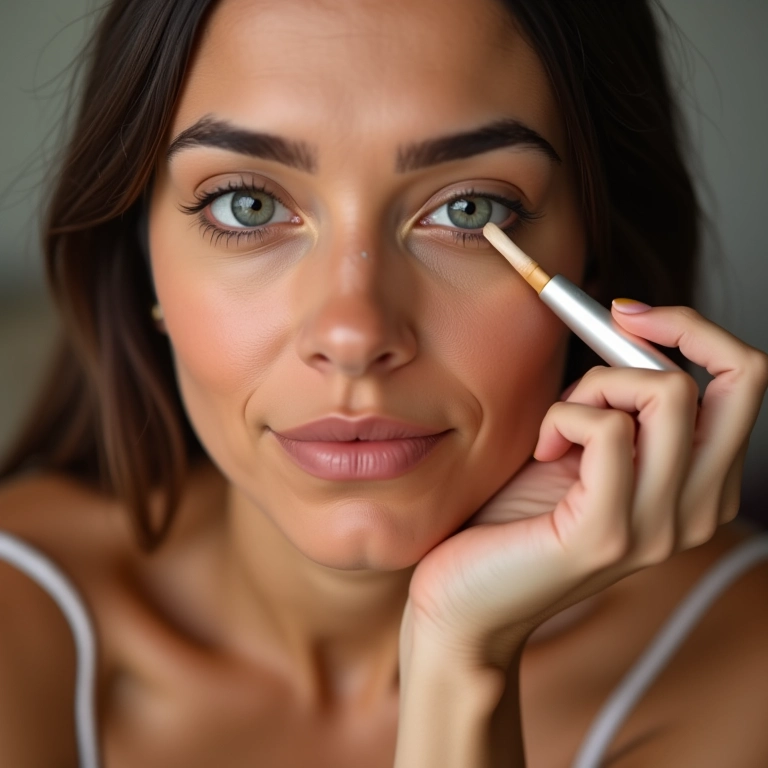 Mulher brasileira aplicando corretivo para disfarçar olheiras.