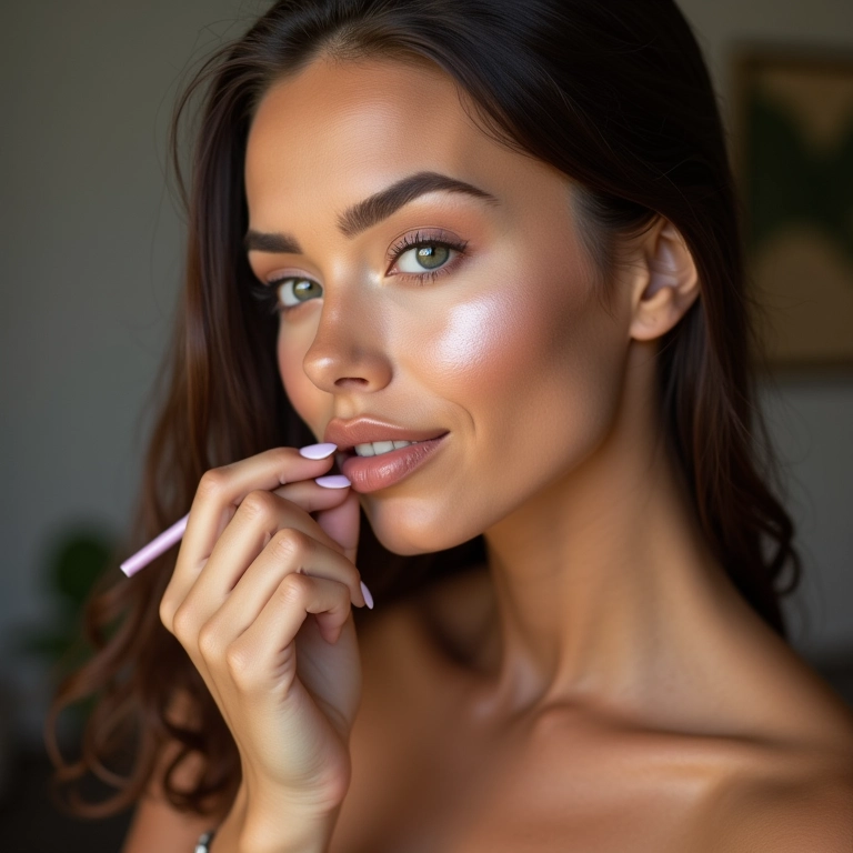 Mulher brasileira aplicando maquiagem de contorno para equilibrar o rosto comprido.
