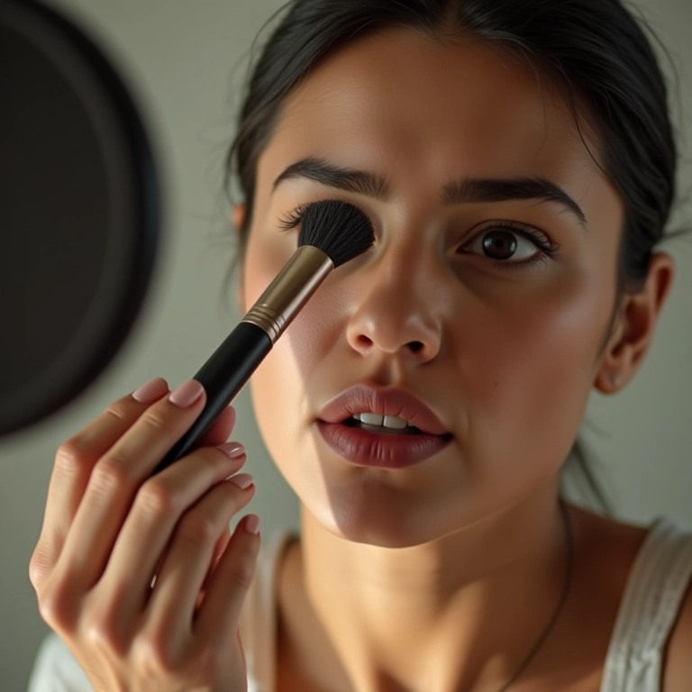 Mulher brasileira aplicando maquiagem para contornar o maxilar e disfarçar o queixo duplo.