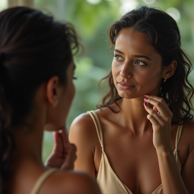 Mulher brasileira checando maquiagem à prova d'água no espelho.