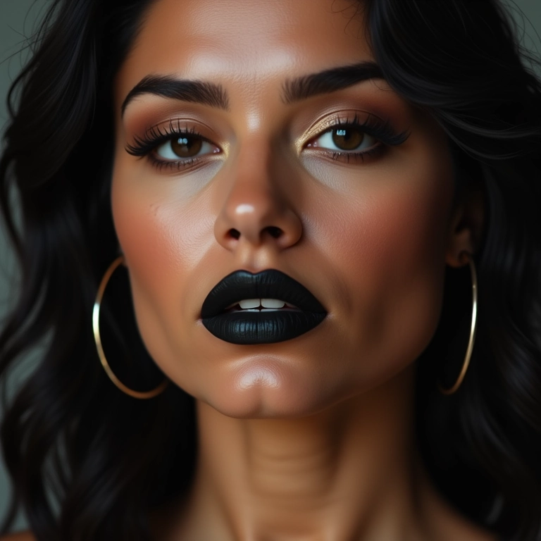 Mulher brasileira com batom preto vibrante e olhar confiante.