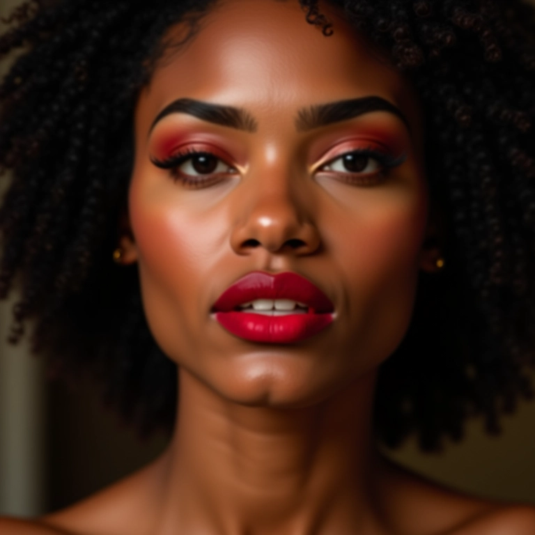 Mulher brasileira com batom vermelho vibrante e maquiagem impecável.