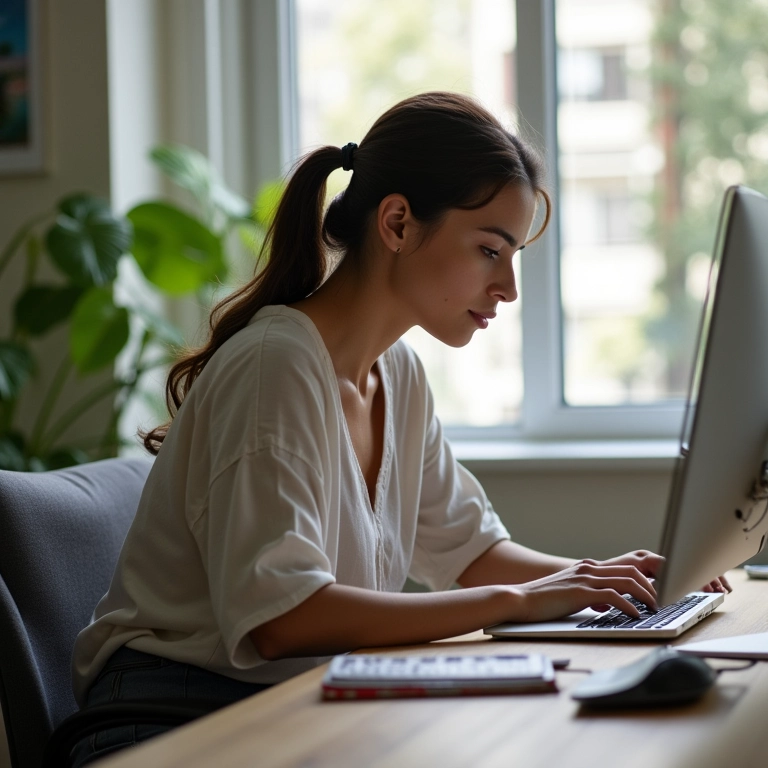 Mulher brasileira com boa postura trabalhando em um escritório em casa, demonstrando a importância da postura correta para evitar a papada.