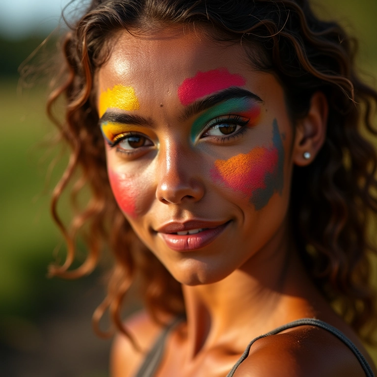 Mulher brasileira com maquiagem colorida vibrante em close-up.