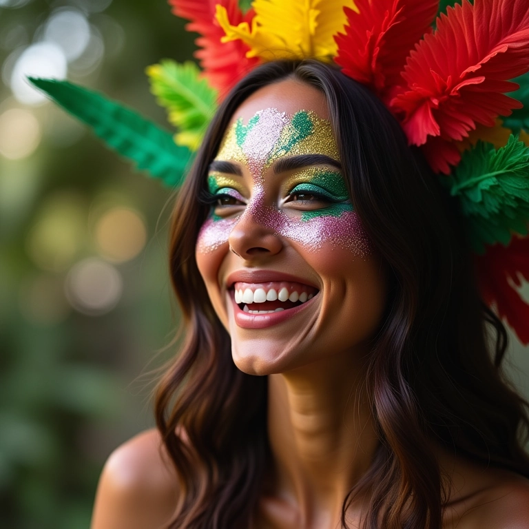 Mulher brasileira com maquiagem de carnaval vibrante e glitter.