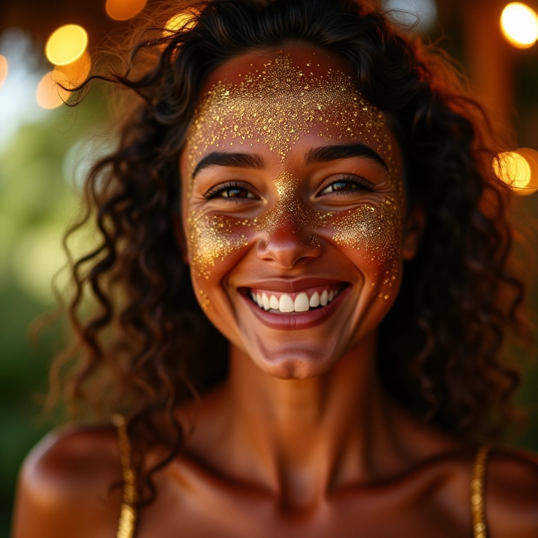 Mulher brasileira com maquiagem festiva de Natal, glitter e iluminação natural.