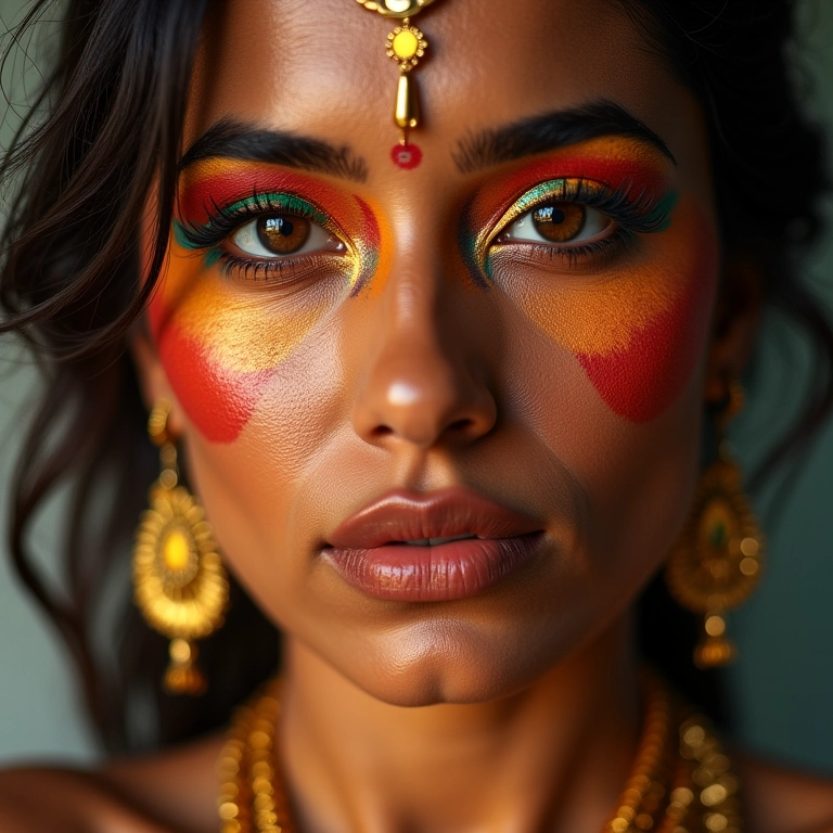 Mulher brasileira com maquiagem indiana colorida e joias douradas.