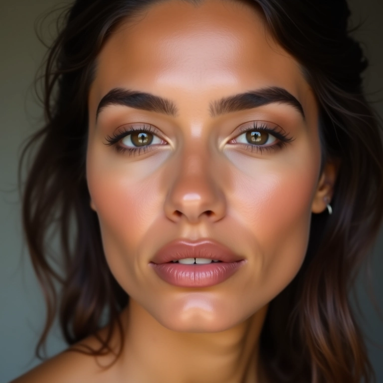 Mulher brasileira com maquiagem para suavizar traços de rosto quadrado.