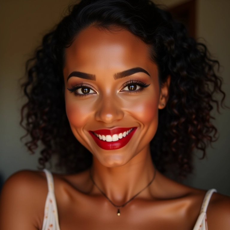 Mulher brasileira com maquiagem pin up clássica, batom vermelho e delineado gatinho.