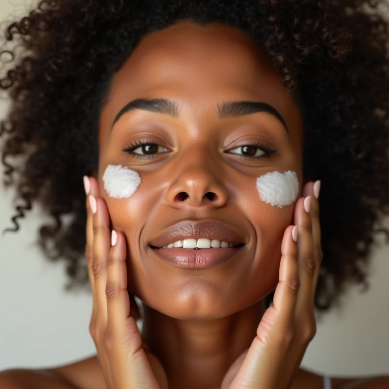 Mulher brasileira com pele saudável mostrando rotina de skincare.