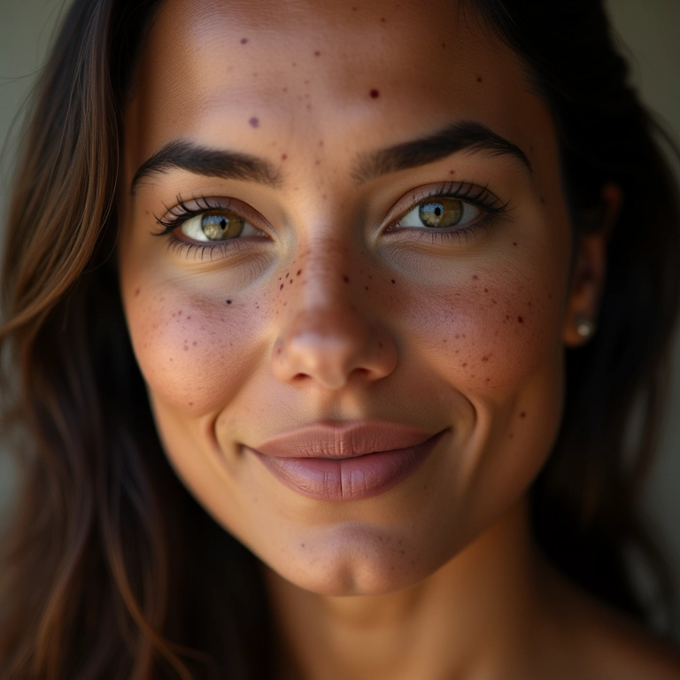 Mulher brasileira com sardas e maquiagem natural sorrindo.