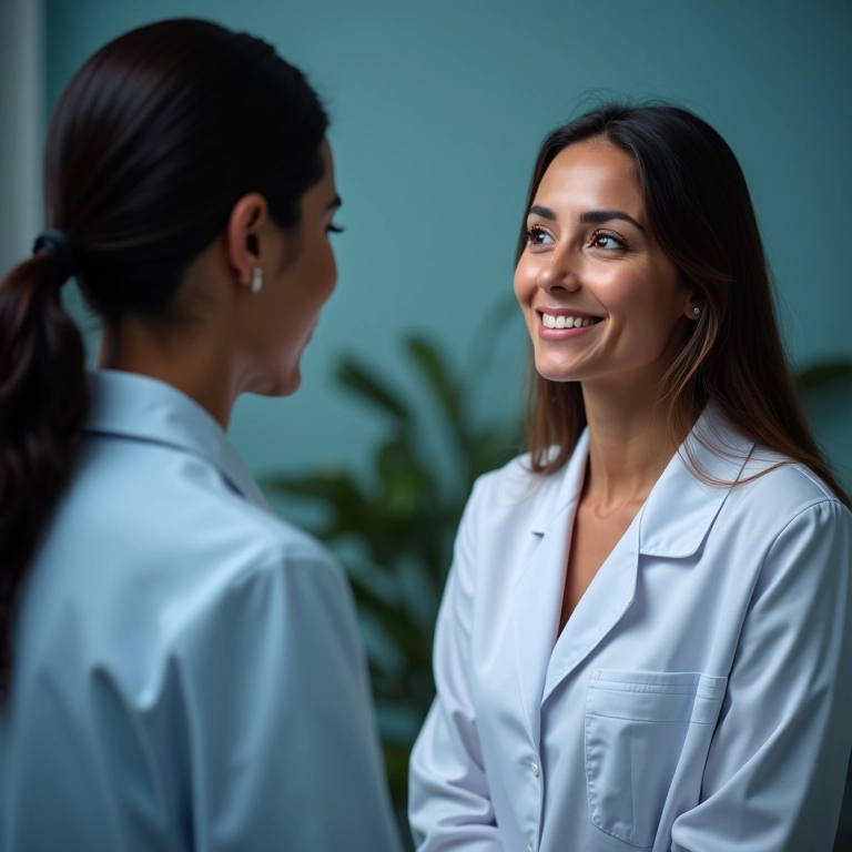 Mulher brasileira consultando um dermatologista para um diagnóstico preciso do queixo duplo.
