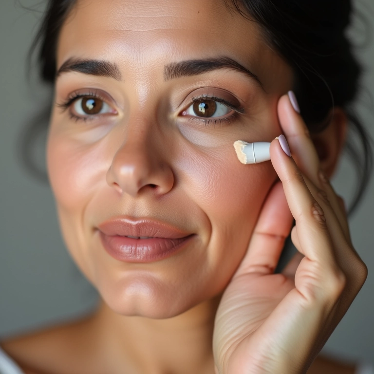 Mulher brasileira de meia-idade aplicando corretivo.
