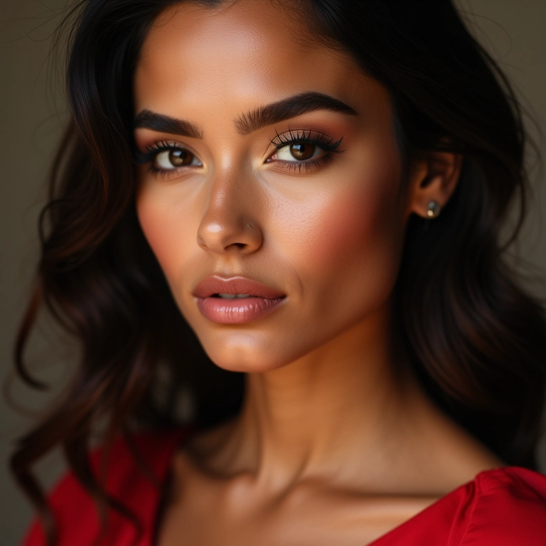 Mulher brasileira deslumbrante com maquiagem impecável e vestido vermelho vibrante.