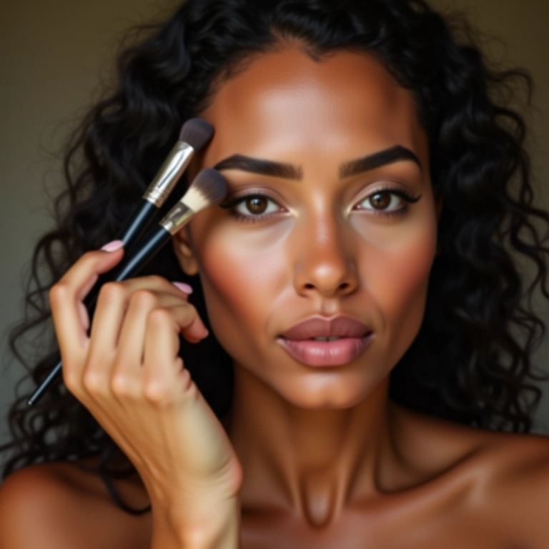 Mulher brasileira esculpindo o rosto com contorno em pó.