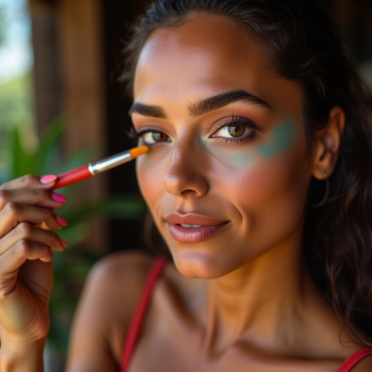 Mulher brasileira esfumando sombra nos olhos.