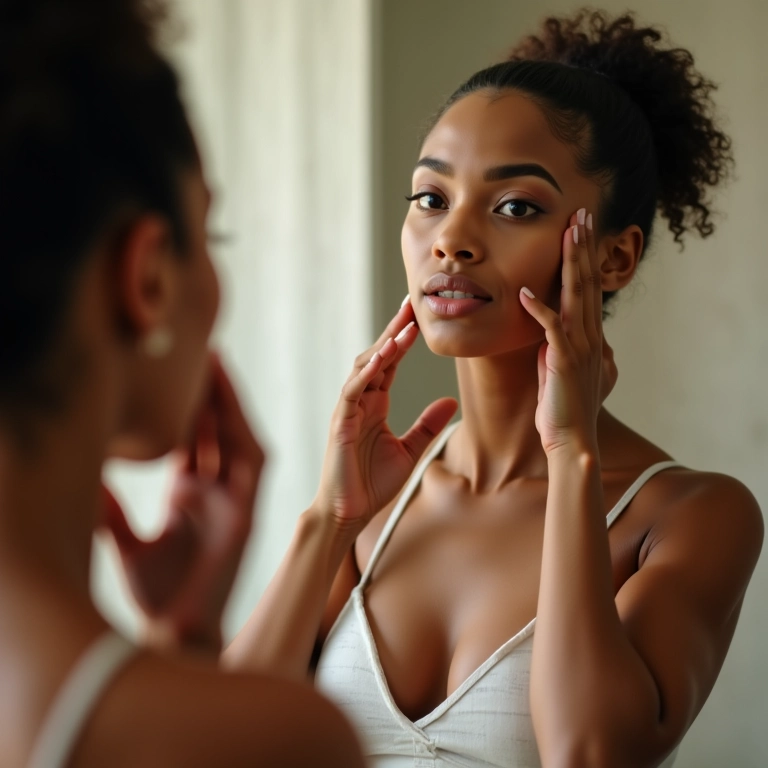 Mulher brasileira examinando a pele no espelho.