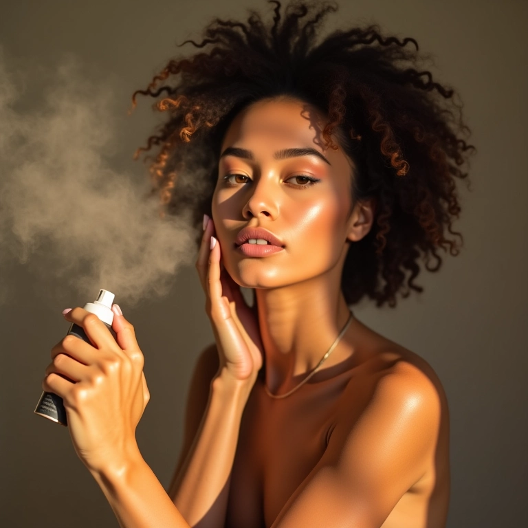 Mulher brasileira finalizando a maquiagem com spray fixador.