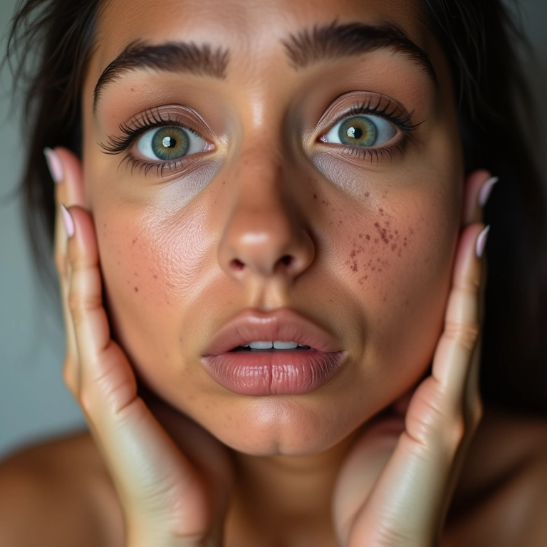 Mulher brasileira frustrada cobrindo espinhas com maquiagem.