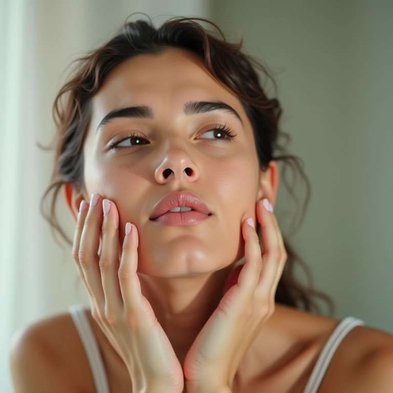 Mulher brasileira hidratando a pele no banheiro.