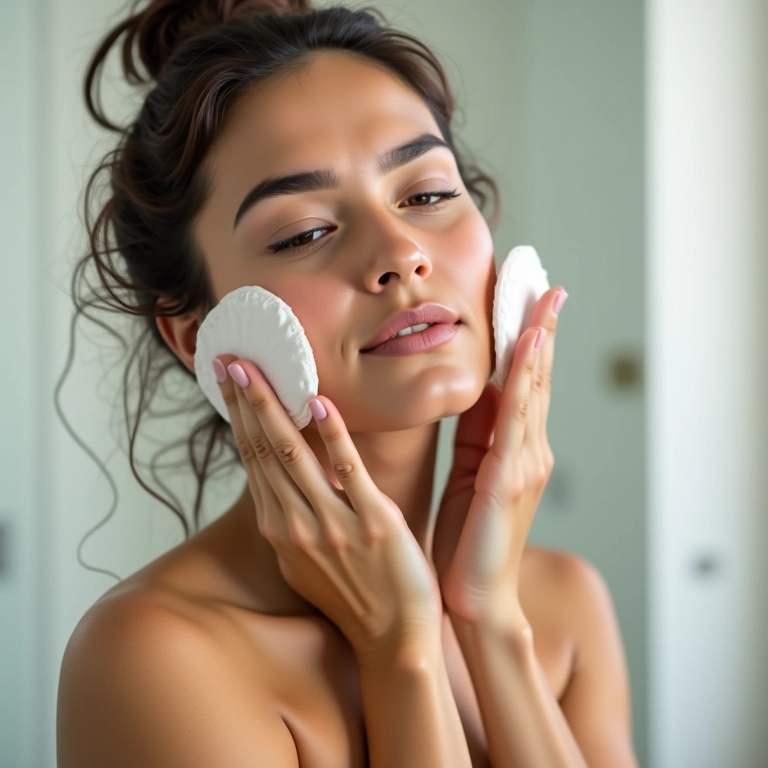 Mulher brasileira limpando o rosto com algodão e água micelar em um banheiro bem iluminado.