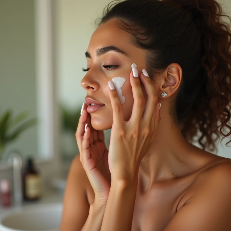 Mulher brasileira preparando a pele para maquiagem em banheiro colorido.