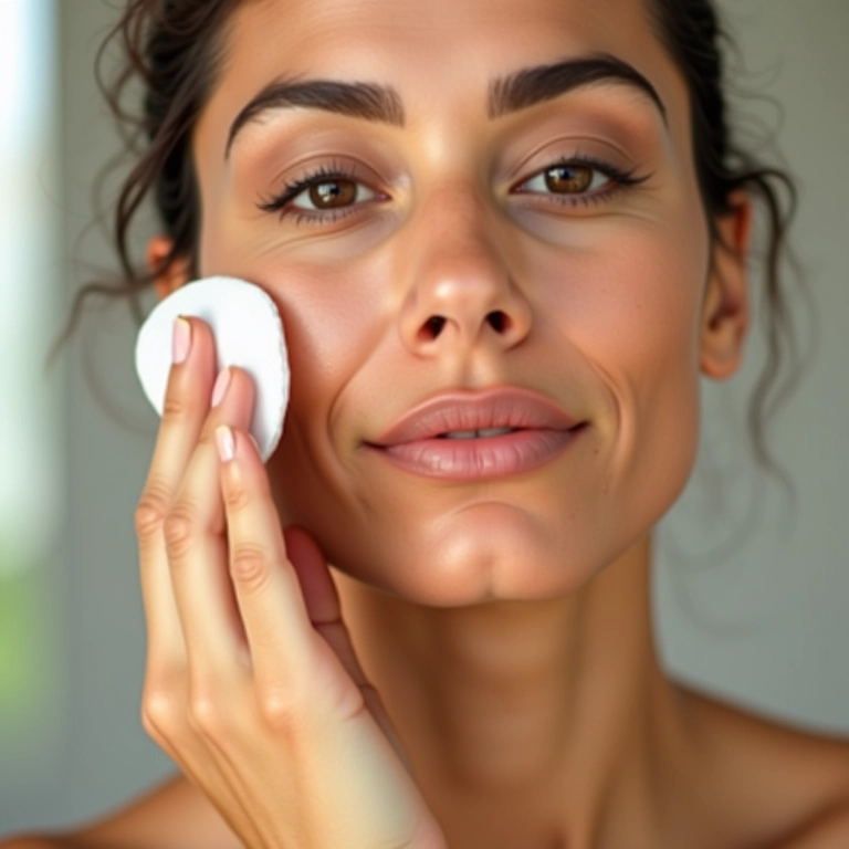 Mulher brasileira removendo maquiagem com algodão.