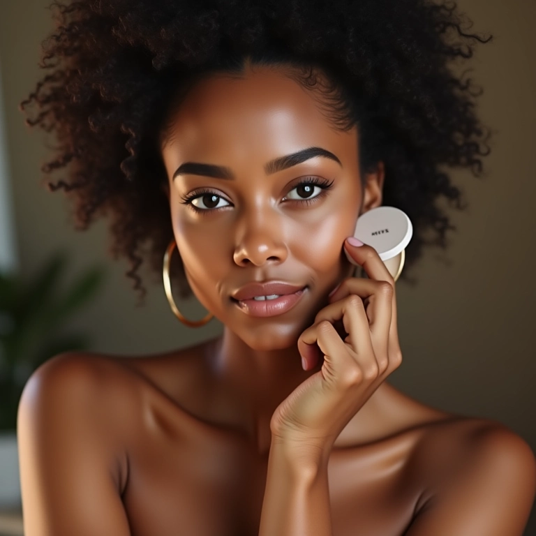 Mulher brasileira selando a pele com pó translúcido.